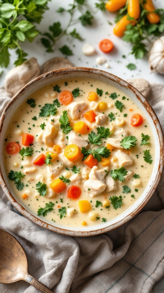 A bowl of creamy vegetable cream of chicken soup topped with parsley.