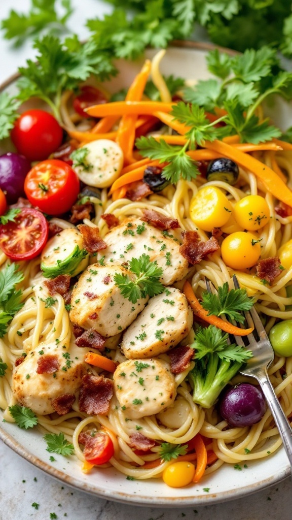 A plate of Vegetable Medley Chicken and Bacon Alfredo with pasta, colorful vegetables, and garnished with parsley.