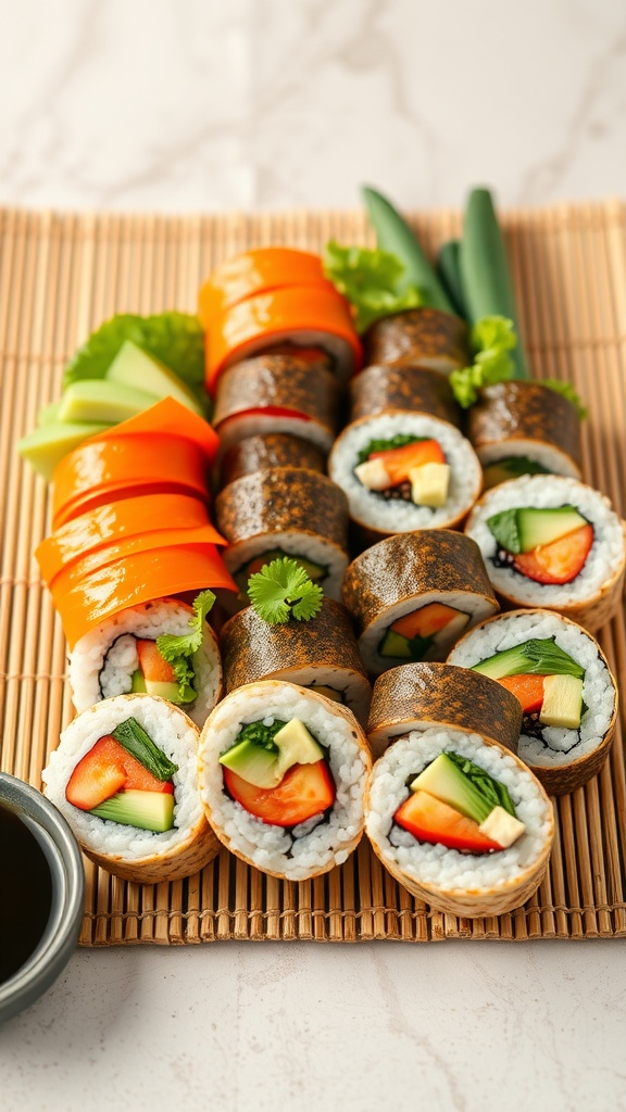 A colorful array of vegetable sushi rolls arranged on a bamboo mat.