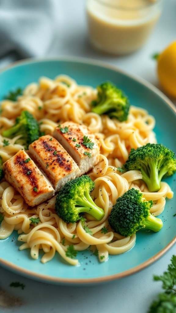 A plate of vegetarian chicken and broccoli Alfredo pasta dish.