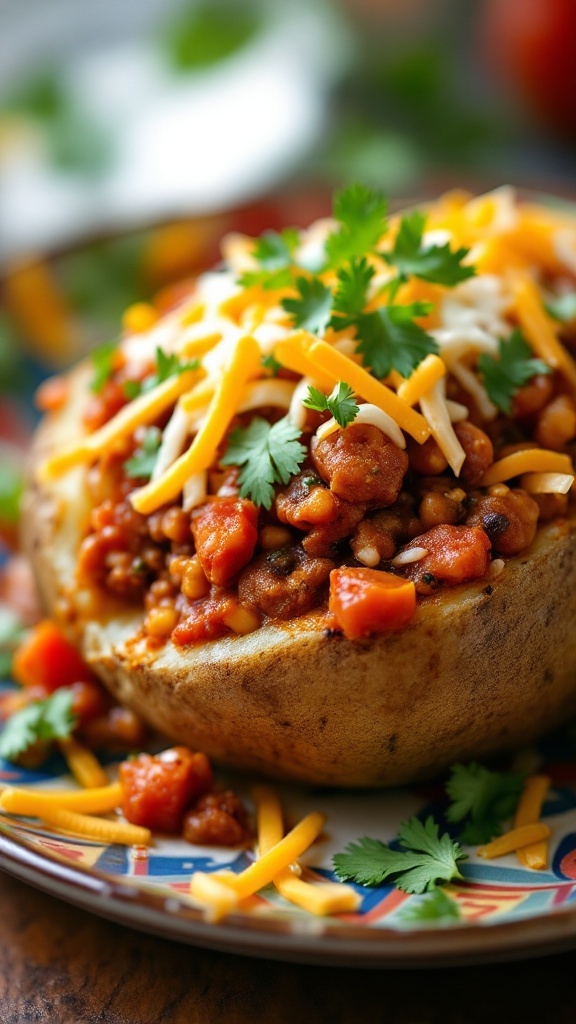 A baked potato topped with vegetarian chili, cheese, and garnished with cilantro.