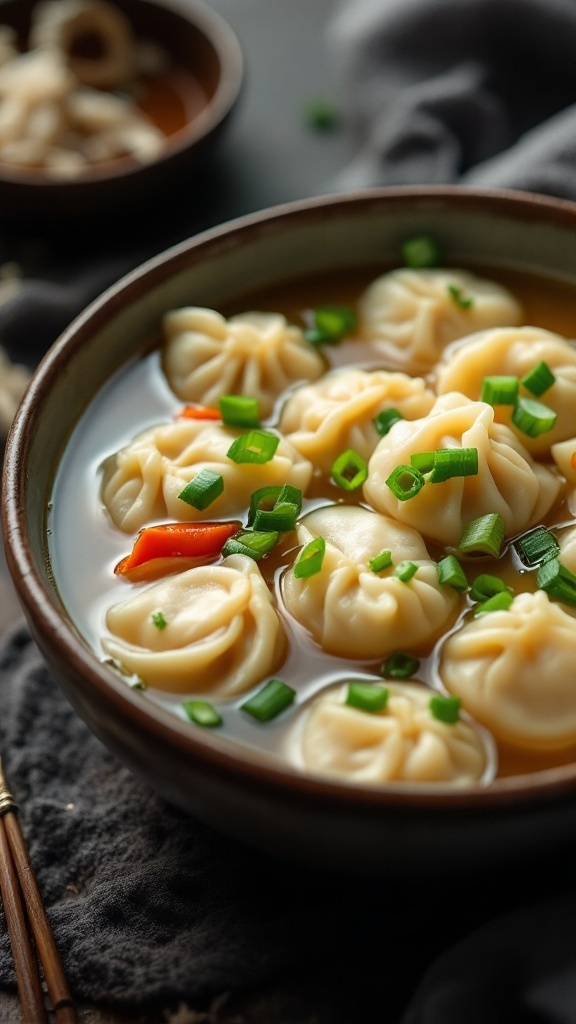 A bowl of vegetarian dumplings in chicken broth garnished with green onions.