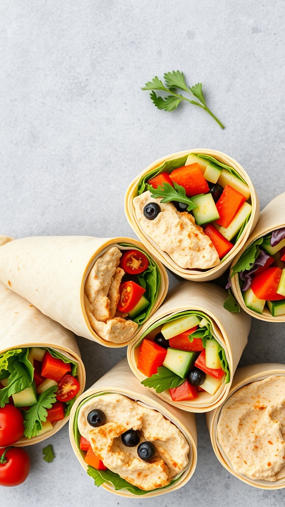 Colorful veggie and hummus wraps arranged neatly with fresh ingredients.