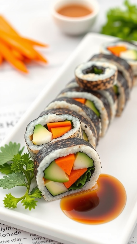 A plate of veggie sushi rolls with cucumbers, carrots, and lettuce, served with soy sauce.