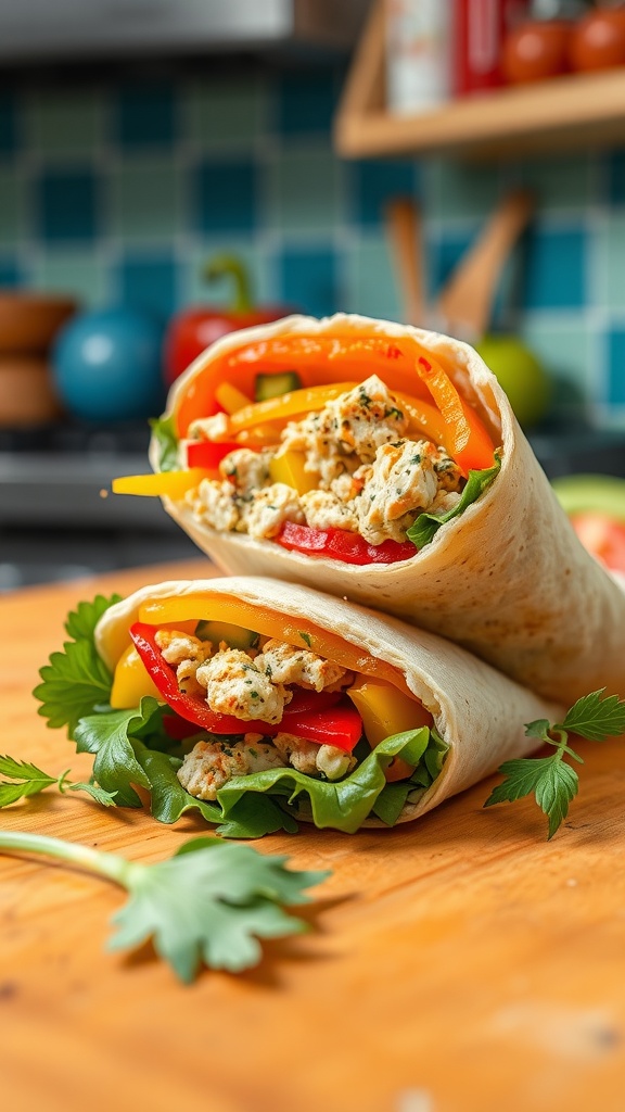 A close-up of a veggie tuna melt wrap with bell peppers, lettuce, and herbs on a wooden surface.