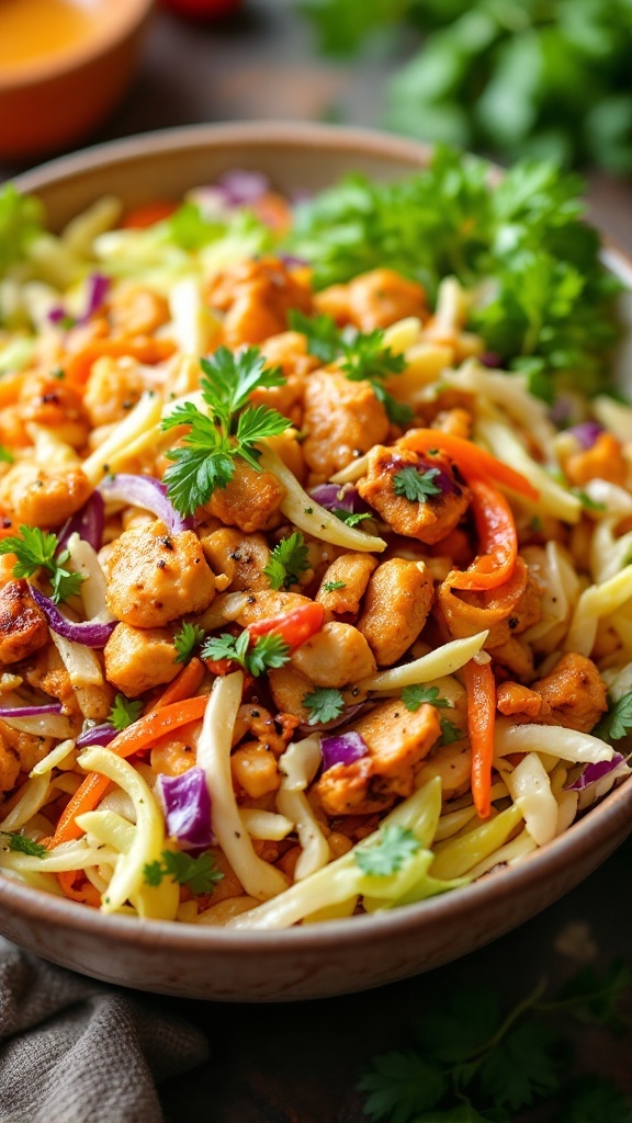 A colorful bowl of zesty chicken and cabbage slaw with fresh veggies and cilantro