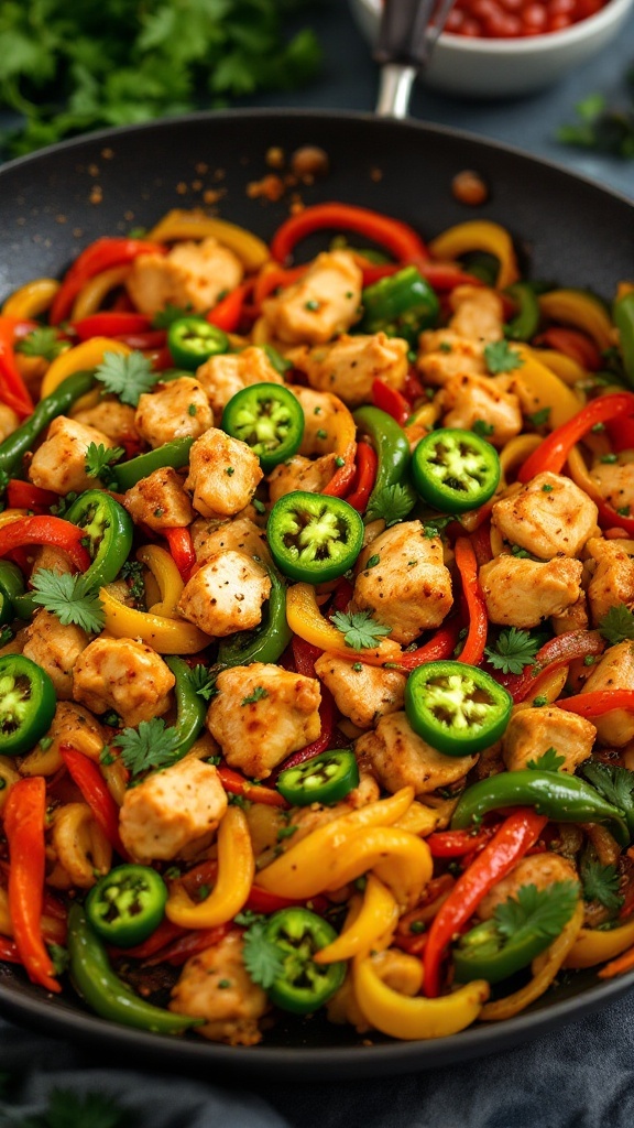 A colorful stir-fry featuring chicken, bell peppers, and jalapenos.