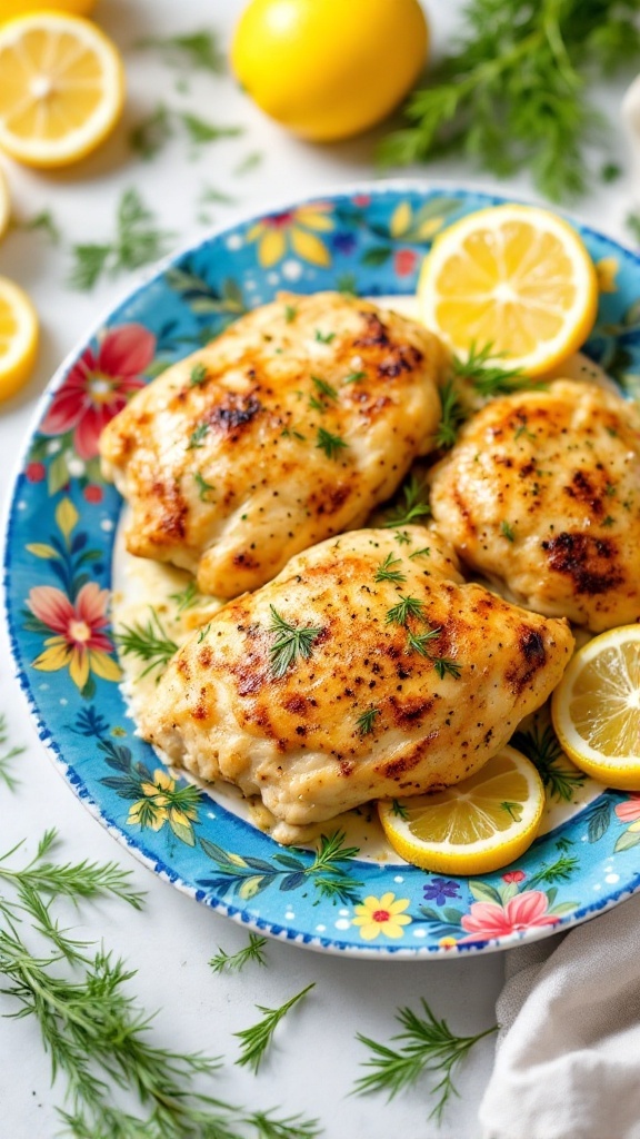 Delicious baked chicken with lemon and dill garnished with fresh herbs