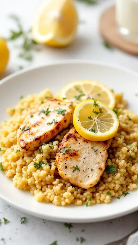 Baked chicken with quinoa and lemon slices.