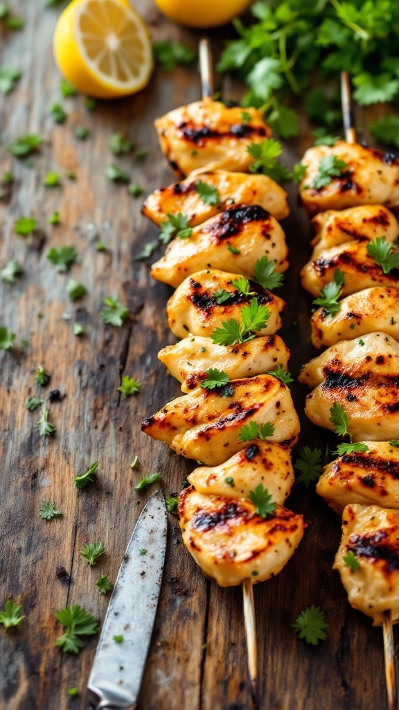 Grilled chicken skewers with lemon and herbs on a wooden table