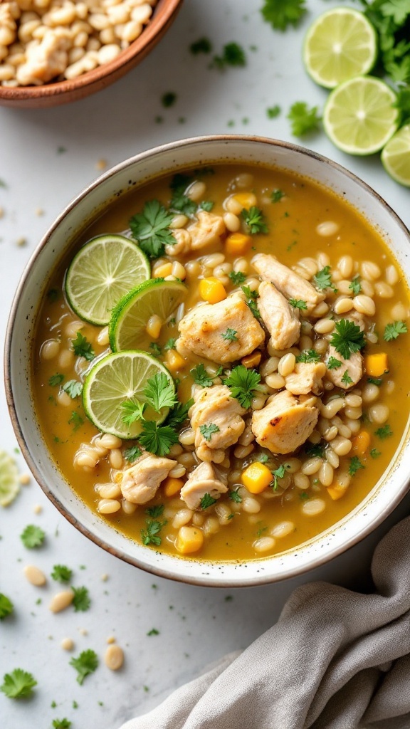 A bowl of zesty lime chicken and barley soup with lime slices and fresh cilantro