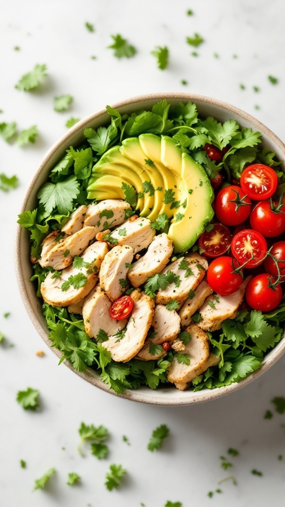 A bowl of chicken salad with sliced grilled chicken, avocado, cherry tomatoes, and cilantro.