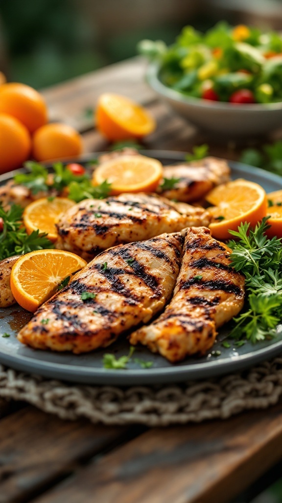 Zesty orange grilled chicken served with slices of orange and fresh parsley