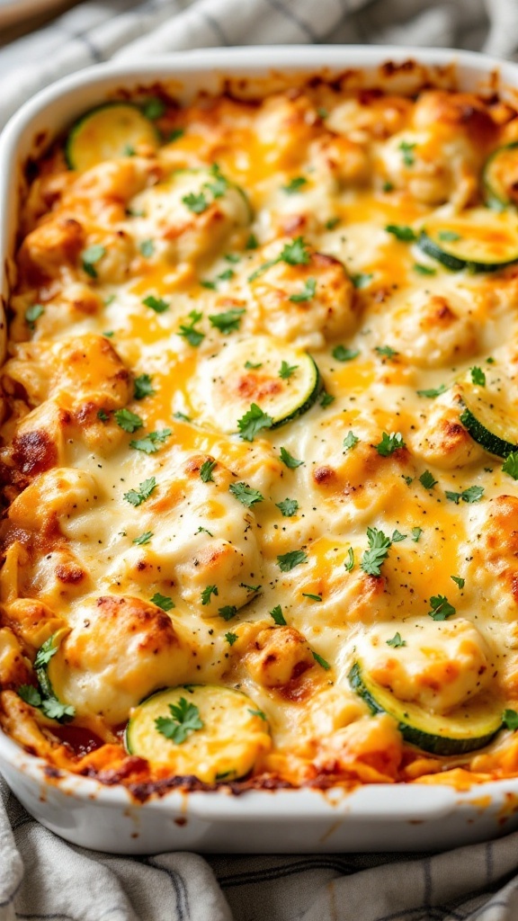 A delicious zucchini and chicken casserole topped with melted cheese and garnished with parsley.