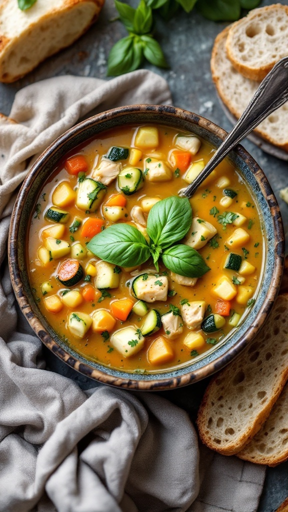 A bowl of zucchini and chicken soup topped with fresh basil