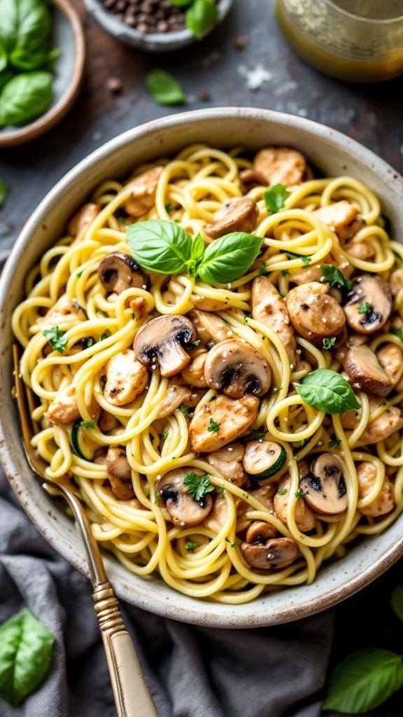 A bowl of zucchini noodle chicken alfredo topped with fresh basil.