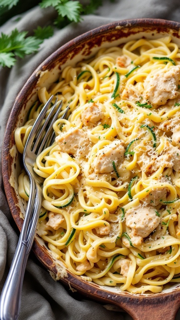 A dish of Zucchini Noodle Chicken Alfredo with fork, garnished with parsley