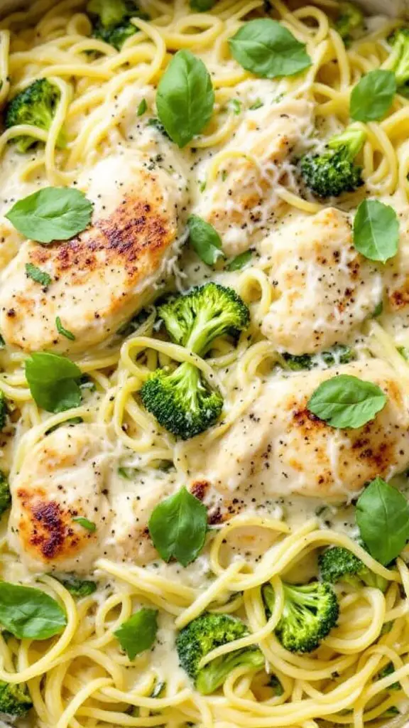 A delicious zucchini noodle chicken alfredo bake with broccoli and cheese.