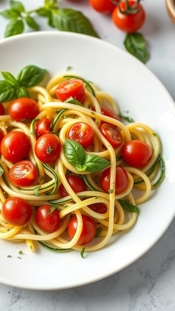 A plate of zucchini noodles topped with cherry tomatoes and basil