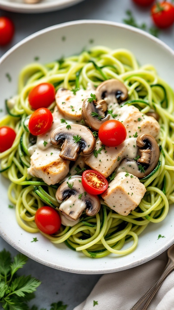 Zucchini noodles topped with chicken, mushrooms, and cherry tomatoes in a creamy sauce.