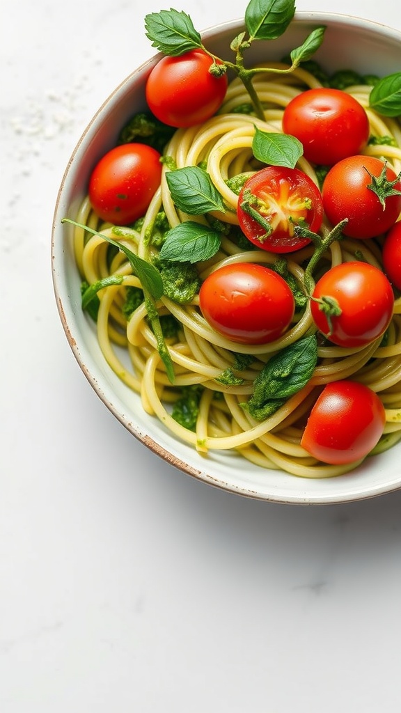 A bowl of zucchini noodles with pesto, topped with cherry tomatoes and fresh basil.