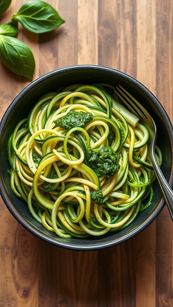 A bowl of zucchini noodles topped with pesto sauce.