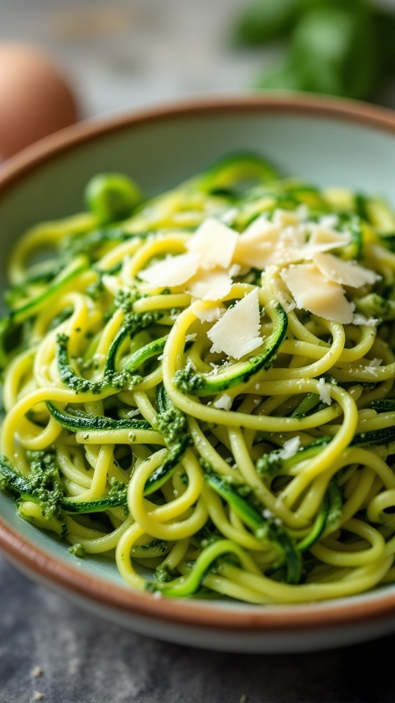 A bowl of zucchini noodles mixed with pesto and topped with cheese