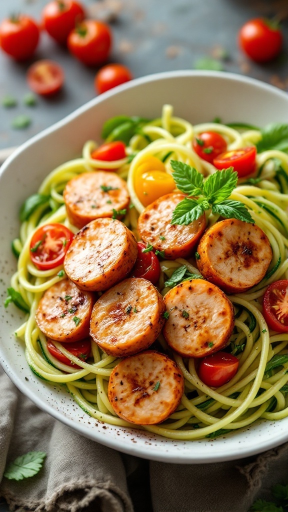 A bowl of zucchini noodles topped with sliced spicy chicken sausage and cherry tomatoes, garnished with fresh herbs.