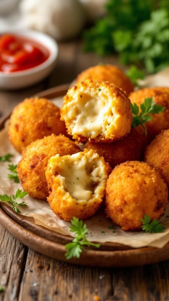 Crispy arancini rice balls on a plate with marinara sauce and parsley garnish.